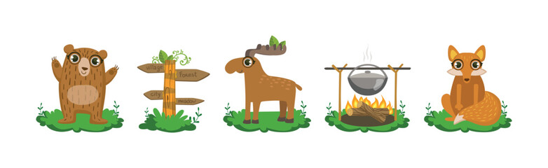 Cute Woodland Animal Character Camping in Forest Vector Set