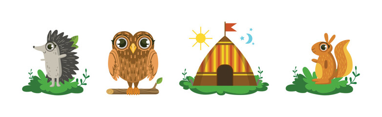 Cute Woodland Animal Character Camping in Forest Vector Set