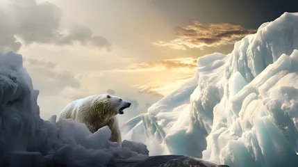 Poster Polar bear in the north, ice melt, sunset © IgitPro