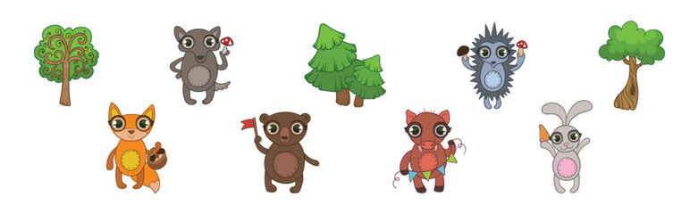 Cute Woodland Animal Character Camping in Forest Vector Set