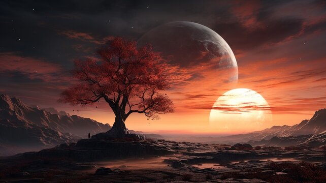 Beautiful landscape picture with a tree and a planet inside the desert Generated by AI Art