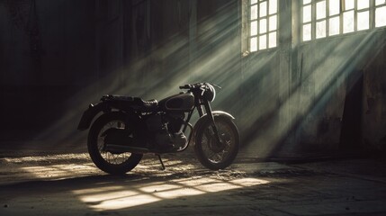 Vintage motorcycle standing in a dark building in the rays of sunlight