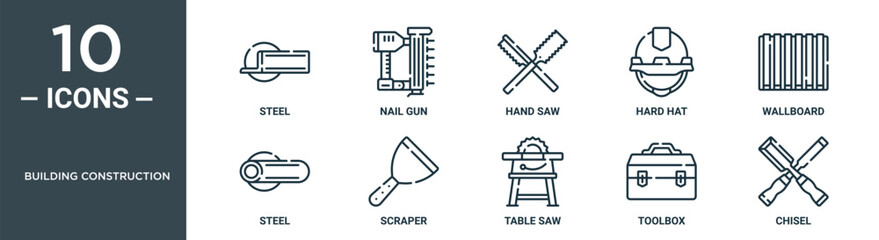 building construction outline icon set includes thin line steel, nail gun, hand saw, hard hat, wallboard, steel, scraper icons for report, presentation, diagram, web design
