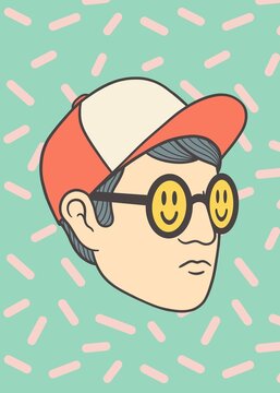 Illustration of a man with a cap wearing glasses with smiley on it