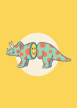 Illustration of a triceratops with dots and a smiley inside