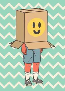 Illustration of a kid hidden under a cardboard box