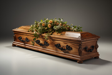 Wooden coffin for funeral with roses on it