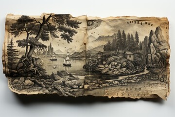 Realistic photo of Old newspaper roll with landscape scene Generative AI