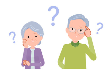 疑問を持つ 困る わからない シニア夫婦 正面。