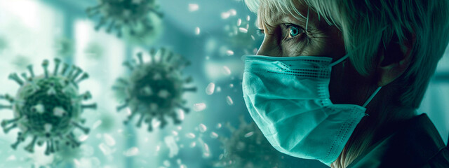 An old patient wearing a mask in a coronavirus hospital ward. Selective focus.