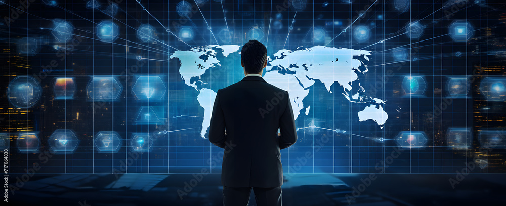 Poster businessman views digital images on a dark blue background, depicting world maps, intertwined networ