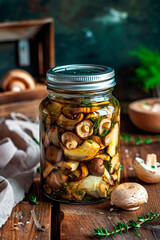Preserving mushrooms in jars. Selective focus.