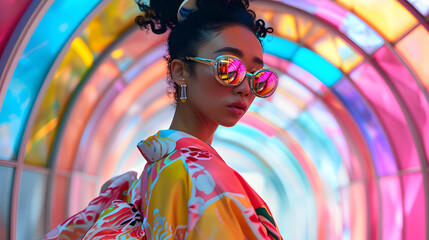 Beautiful woman wearing pink and yellow kimono, in the style of futuristic pop, street pop art