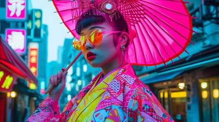 Beautiful woman wearing pink and yellow kimono, in the style of futuristic pop, street pop art