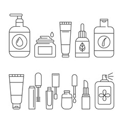 Skin,body,hair care line icons set.Makeup illustration sign collection.Various different cosmetic products.Packaging in different shapes for beauty products. Editable Stroke.Vector illustration EPS 10