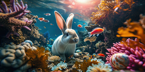 easter bunny swims with the fishes - obrazy, fototapety, plakaty