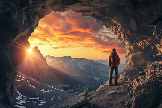 Adventurous Man Hiker standing in a cave with rocky mountains in background. Adventure Composite. 3d Rendering Peak. Aerial Image of landscape from British Columbia, Canada. Sunset Sky