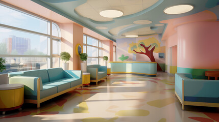 Brightly Coloured Lobby of children's clinic With Couches and Tables