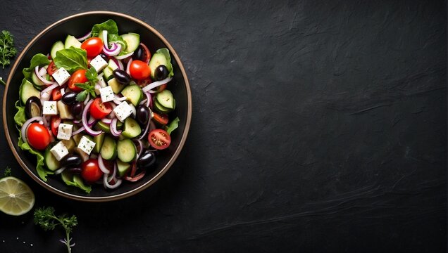 Top view of Greek salad on blank black background, copy space, can be used for advertising Greek salad