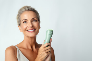radiant mature woman smiles brightly while holding a green facial cleansing brush, showcasing the joy of skincare in the beauty industry