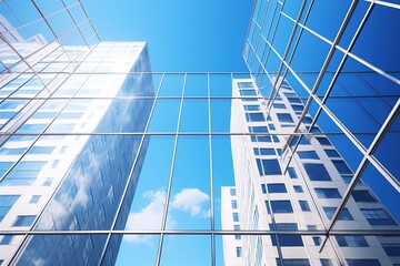 Obraz premium illustration of a modern skyscraper with windows reflecting the sky and buildings on a bright day