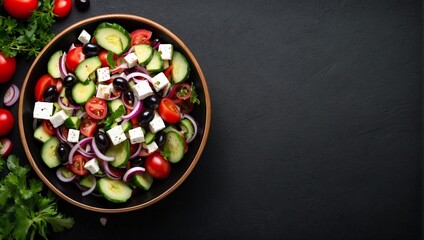 Top view of Greek salad on blank black background, copy space, can be used for advertising Greek salad