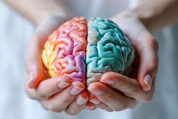 closeup human brain model in pastel colors in lying half sideways in female hands. mental health or...