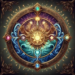 Mystical emblem with golden eagles, ornate star, and blue waves; a magical, celestial theme for fantasy designs.