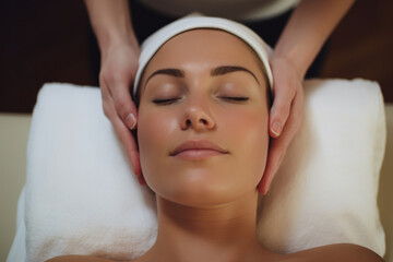 Fototapeta na wymiar woman relaxes during a facial massage at a spa, her expression serene, evoking a sense of tranquility and self care