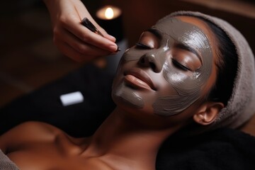 woman with a rejuvenating clay mask calmly relaxes during a spa treatment, with her eyes closed, as a therapist's hands gently work around her face