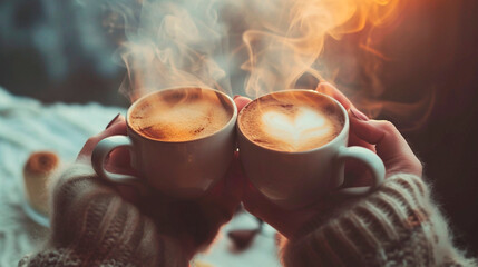Coffee in a cup of smoke in the shape of a heart. Selective focus. - obrazy, fototapety, plakaty
