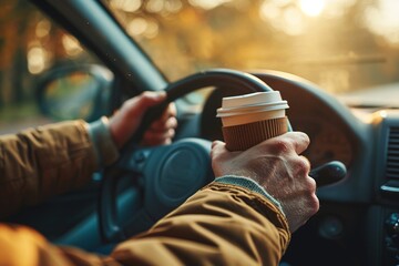 man with his hand on the steering wheel and a coffee cup in other hand against the blurred forest background, visible through the windshield