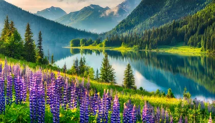 Photo sur Plexiglas Vert bleu Fioletowy łubin nad jeziorem w górach, krajobraz 