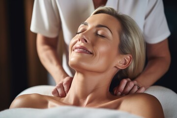 Obraz na płótnie Canvas woman smiles with satisfaction during a relaxing shoulder massage at a spa, her serene demeanor speaking of pure bliss