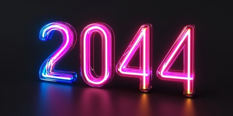 3d render, number 2044 glowing in the dark, pink blue neon light, futuristic concept of year 2044.