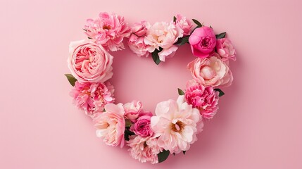 Heart shaped pink roses and peony flowers wreath isolated on pastel pink background.