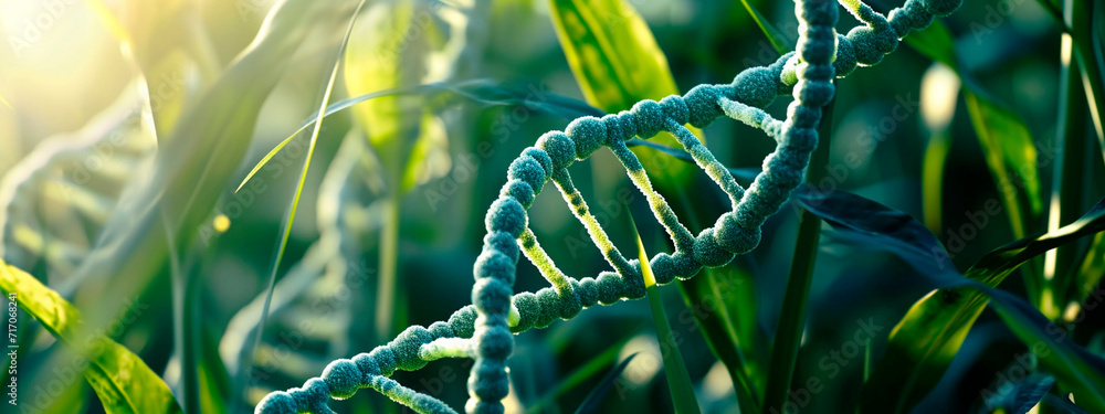 Wall mural dna on a background of green plant leaves. selective focus.