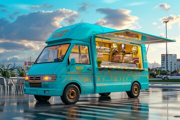 Aquamarine food truck with detailed interior on street. Takeaway. 3d rendering.