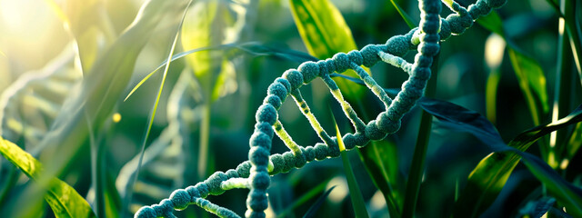 DNA on a background of green plant leaves. Selective focus. - obrazy, fototapety, plakaty