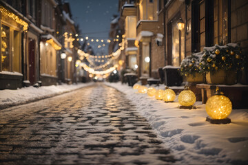 View of a cobblestone street decorated with yellow lights on a winter day