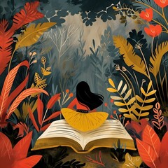 a girl sitting in a book surrounded by foliage in a tropical forest