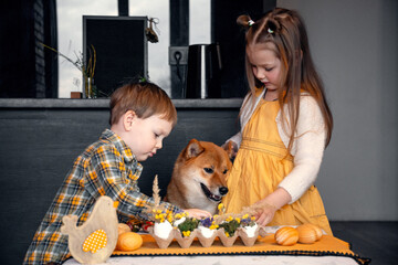 Cute and funny puppy, children cuddling. A girl and a boy sitting at the table, preparing for...