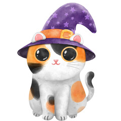 Cute Calico cat in a witch hat sitting Halloween cats watercolor isolated illustration Clipart