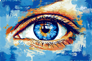 Art style Illustration of technologyc eye over blue background