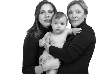 Grandmother, daughter and granddaughter on white portrait, happy family concept