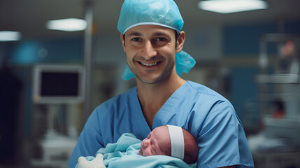 Health care concept. Doctor holding newborn infant baby in hospital. Generated AI - obrazy, fototapety, plakaty