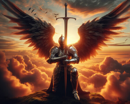 Warrior angel with wings and sword in heaven
