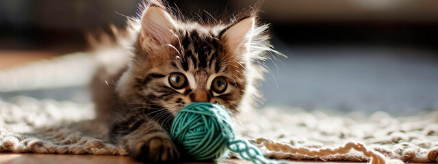 the cat plays with a ball of thread. Selective focus. - obrazy, fototapety, plakaty