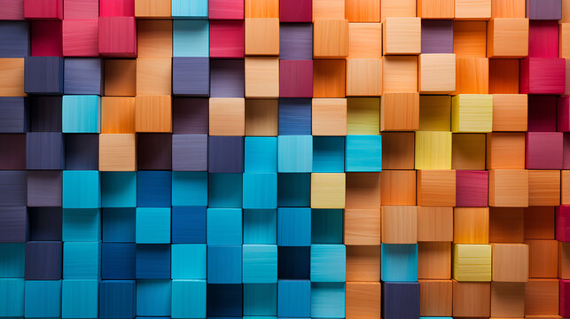 Colorful wood block stack on the wall for background, Abstract colorful wood texture. Generated AI