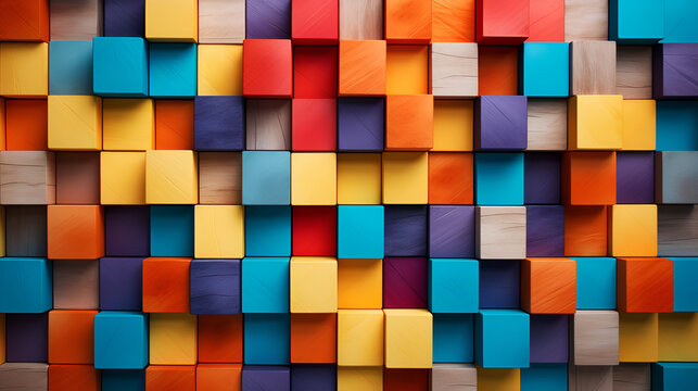 Colorful wood block stack on the wall for background, Abstract colorful wood texture. Generated AI